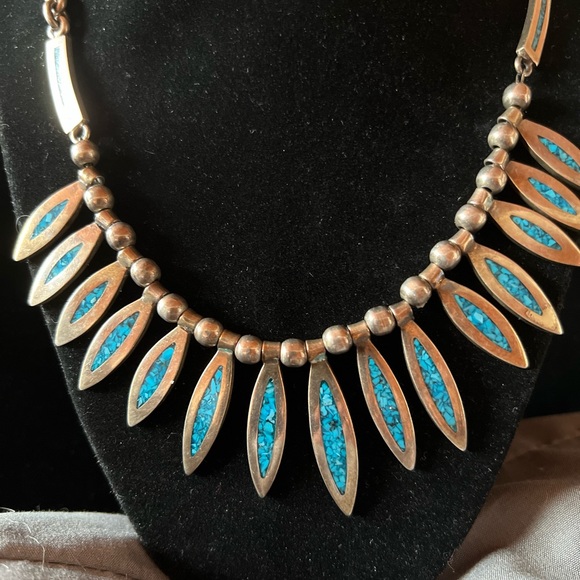 Vintage Sterling Silver Crush Turquoise Collar Choker Necklace. - Picture 5 of 7